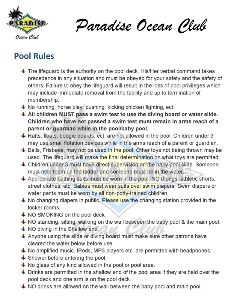 A list of pool rules at POC